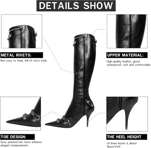 Vista 3 de VOMIRA Botas altas hasta la rodilla sexy con remaches puntiagudos, borlas y tacones de aguja de tacón alto, moda para fiesta de moda