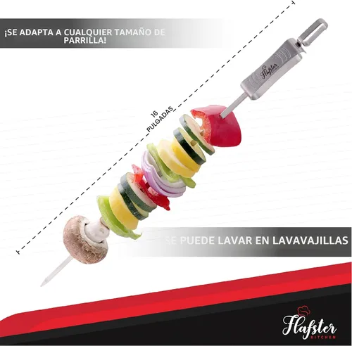 Vista 3 de FLAFSTER KITCHEN - Brochetas de barbacoa para asar – Palos de Kebab planos de acero inoxidable de 16 pulgadas con barra de empuje, brochetas
