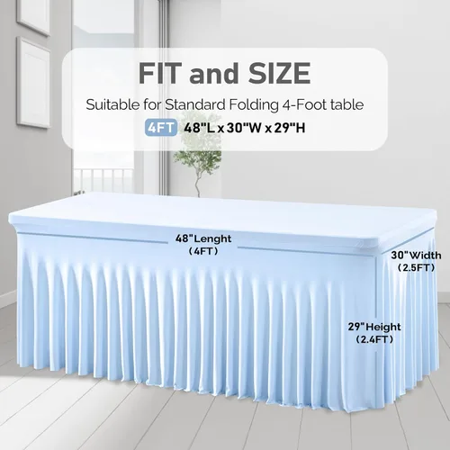 Vista 7 de Paquete de 1 manteles azul bebé para mesas rectangulares de 4 pies, cubiertas de mesa de spandex elástico de una pieza resistentes a las arrugas
