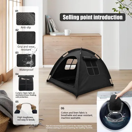 Vista 4 de Tienda de campaña para mascotas de diseño abierto, acogedora cama de monitoreo para gatos y cachorros, paredes de malla transpirable para seguridad