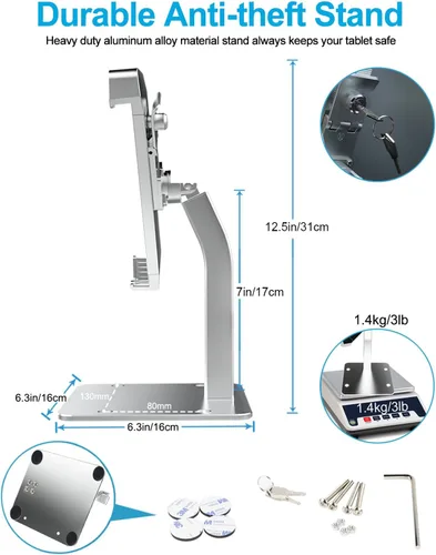 Vista 6 de Soporte antirrobo para tablet de 9 a 14 pulgadas, soporte de piso de escritorio para iPad de seguridad, soporte de pantalla POS resistente