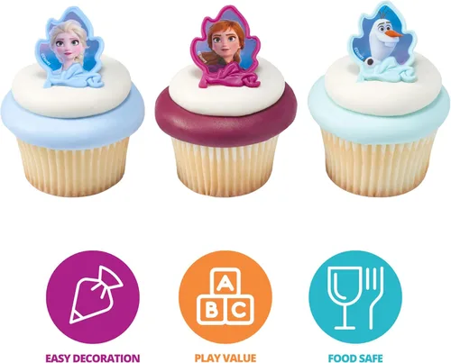 Vista 3 de DecoPac Anillos Frozen II, decoraciones de cupcakes con Elsa, Anna y Olaf para celebraciones de cumpleaños y Navidad, paquete de 24