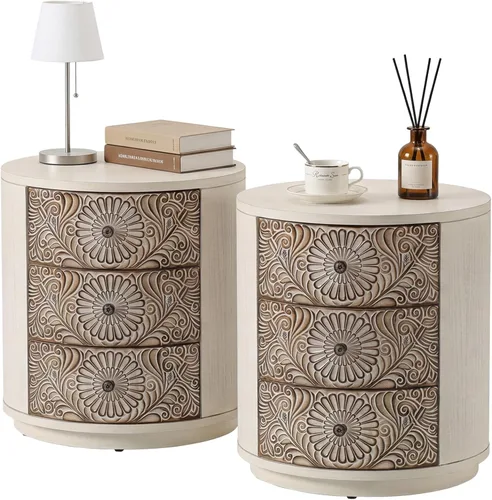 Vista 14 de HOMPUS - Mesa de noche blanca con cajón y almacenamiento, mesa de noche con motivo floral completamente ensamblada para espacios pequeños, mesa