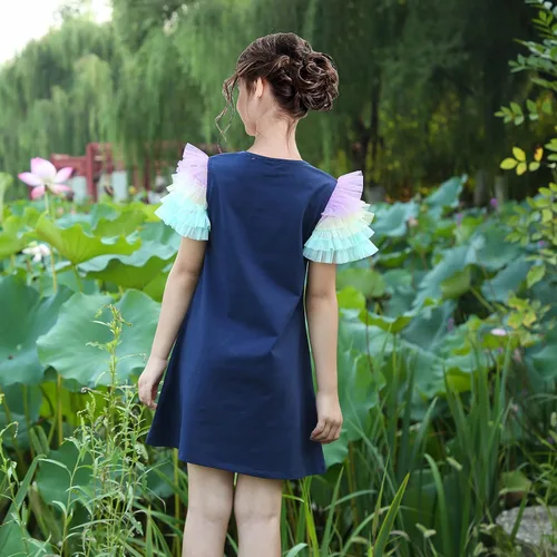 Vista 2 de Sunny Fashion Girls Dress Blue T-Shirt Pocket Embroidery Butterfly Tulle Flutter Sleeve