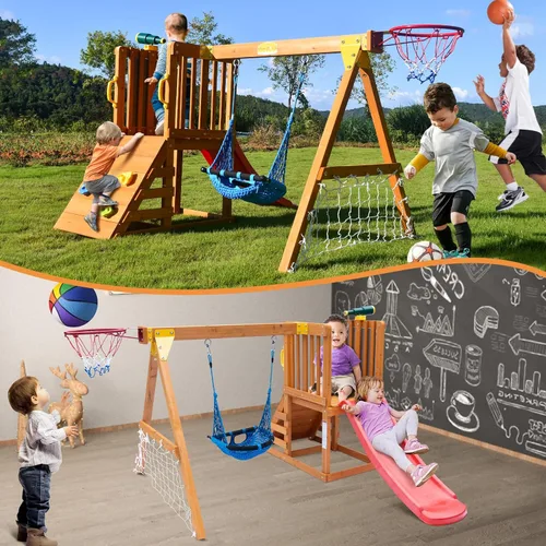 Vista 3 de Juego de columpio y tobogán para niños pequeños de 86 x 78 pulgadas, juegos de madera 6 en 1 para patios traseros con columpio de bebé, tobogán