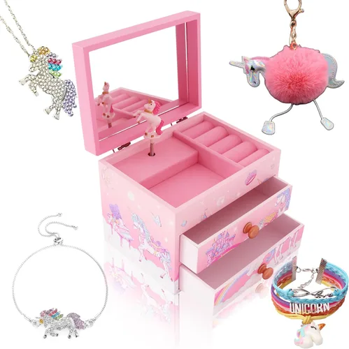 Vista 13 de Agitation Joyero Musical de Madera de Princesa Unicornio con Juego de Joyas a Juego, Regalos de Unicornio para Niñas, Grande, Madera, Plástico.