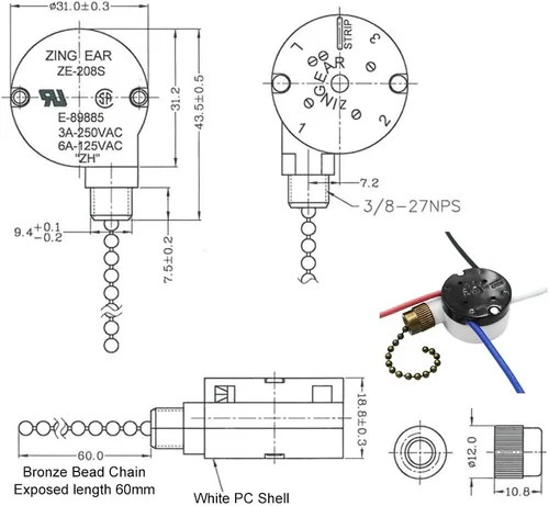 Vista 3 de Interruptor para ventilador de techo Zing Ear ZE-208s E89885 de 3 velocidades con 4 cables, cadena de control con 4 cables preinstalados, parte
