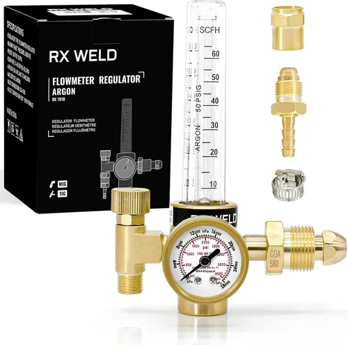 Vista 7 de RX WELD Regulador de Flujo Medidor de Gas para Soldadura MIG TIG con Manguera de Gas de Soldadura de Argón Tomas dobles de 9/16 pulgadas y 5/8