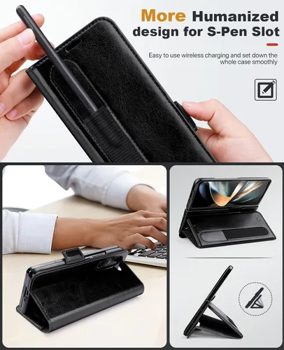Vista 3 de OCASE Funda tipo cartera para Samsung Galaxy Z Fold 5 5G con soporte para S Pen (versión actualizada) de piel sintética, ranuras para tarjetas