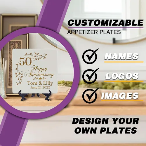 Vista 4 de Placa personalizada para aniversario 50 de boda con soporte, platos cuadrados de cerámica de porcelana de 9 pulgadas, regalo de aniversario dorado