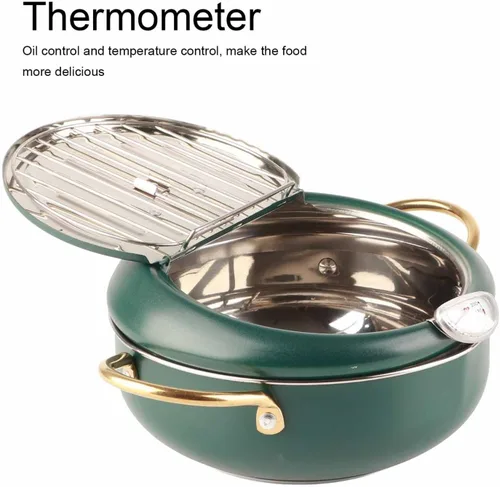 Vista 5 de Olla para freír, freidora verde profundo con termómetro, sartén de acero inoxidable para uso doméstico en la cocina.