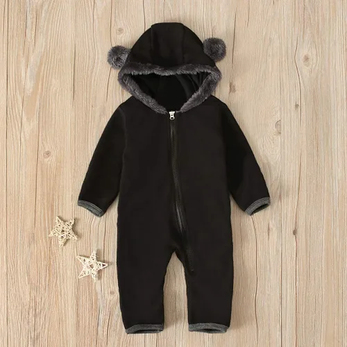 Vista 3 de Sudadera con capucha para bebés y niñas, ropa de forro polar con orejas de dibujos animados (negro, 6-12 meses)