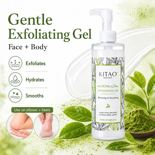 Vista 4 de KITAO - Exfoliante facial orgánico Matcha para piel seca, exfoliante facial para piel sensible, gel exfoliante facial para mujeres, removedor