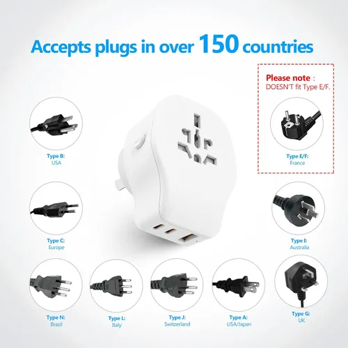 Vista 2 de JSVER Juego de adaptadores de viaje internacional con 3 puertos USB, 1 enchufe de CA, incluye accesorios desmontables tipo B, I, G, E/F para usar