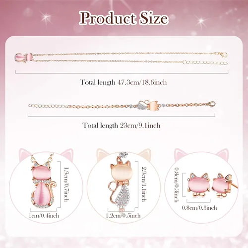 Vista 2 de Juego de 3 piezas de joyería de gato para niñas, collar de gato, pulsera, aretes, colgante de ópalo rosa para adolescentes y mujeres, regalo