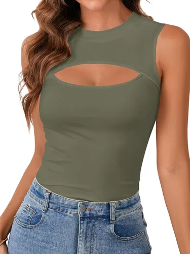 Vista 18 de Vrtige Camiseta sin mangas sexy con cuello redondo para mujer, de punto acanalado, sin mangas, ajustada