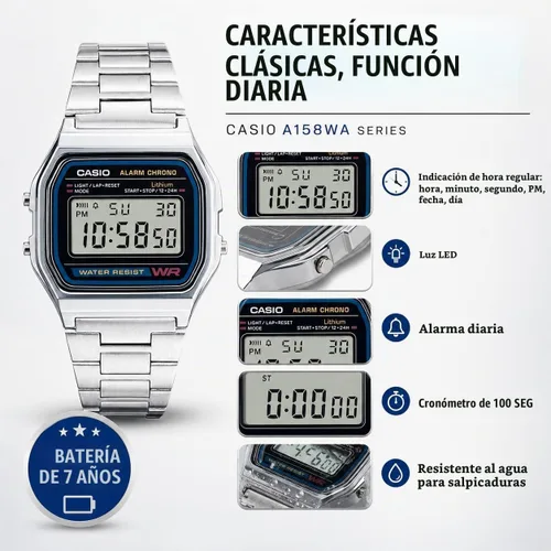 Vista 7 de Casio A158WA Series Unisex Digital Watch Vintage WR 100 SEC Stop Watch Daily Alarm Regular Time Keeping: Hour, Minute, Second, PM, Date