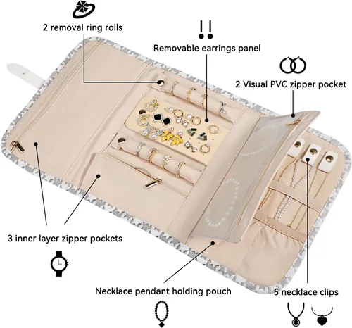 Vista 2 de Voova Estuche organizador de joyas de viaje, bolsa grande de almacenamiento de joyas para mujeres y niñas, bolsa plegable de viaje para joyas