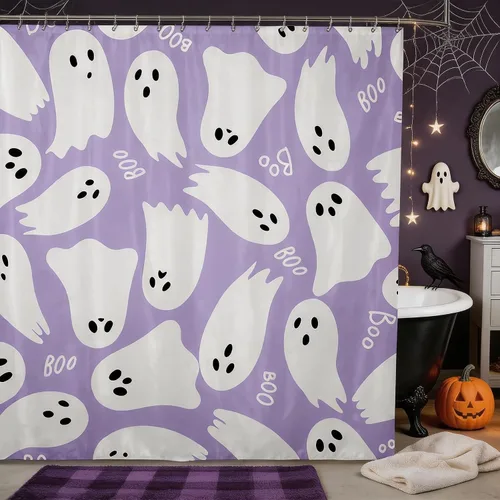 Vista 33 de Happy Halloween Shower Curtain,Bowknot Snowflake Pattern Bathroom Curtains,Sweet Ghost Holiday Theme Waterproof Bath Curtain,Black Bathroom Curtains