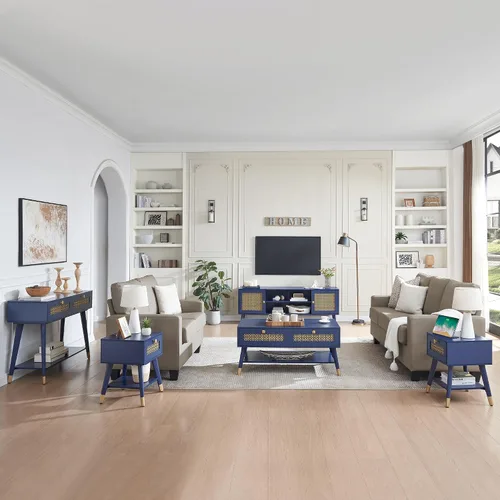 Vista 7 de JYED Mesa de café moderna de madera de mediados de siglo con cajones de almacenamiento decorados con malla metálica, mesa central de acento azul