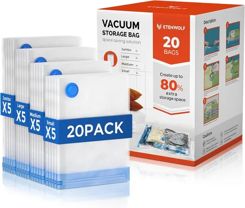 Vista 15 de ETENWOLF Bolsas de almacenamiento al vacío para viajes con bomba inalámbrica recargable, bolsas de sellado al vacío para ropa y viajes, bolsas