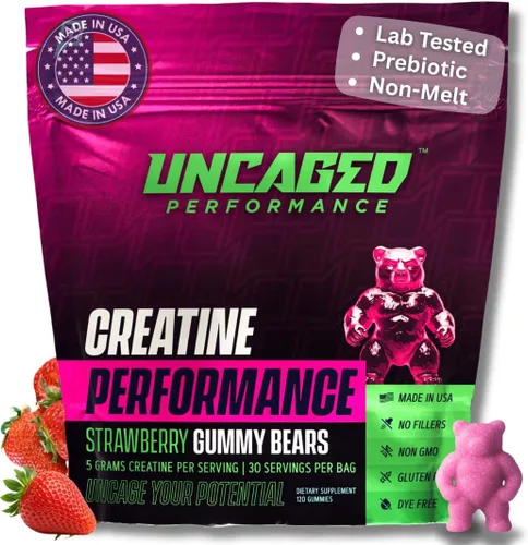 Vista 10 de Gomitas de monohidrato de creatina, 0.18 oz con fibra prebiótica para el crecimiento muscular y la fuerza, 30 porciones, frambuesa azul, probada