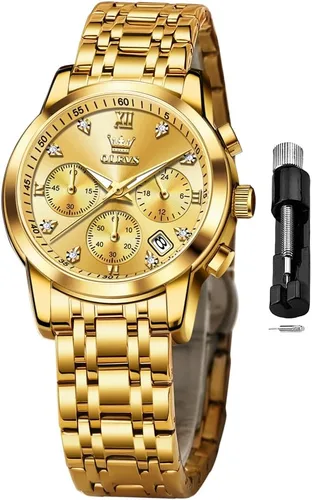 Vista 18 de OLEVS Reloj multifuncional de dos tonos para mujer, reloj analógico de cuarzo para mujer, de acero inoxidable, resistente al agua, con diamantes