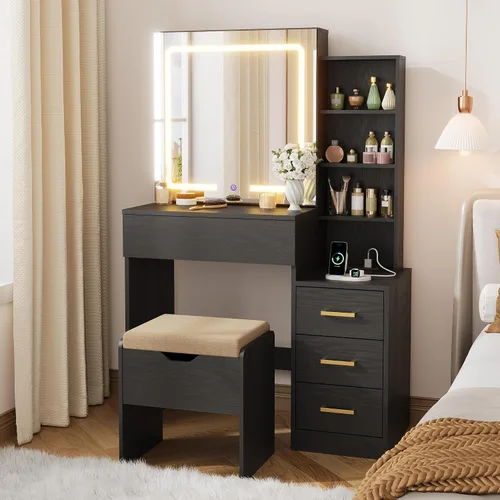 Vista 9 de GarveeHome Makeup Vanity Desk with Sliding Mirror, Vanity Dressing Table with 3 Color Adjustable Lights, Girls Vanity Set with Stool, 4 Compact