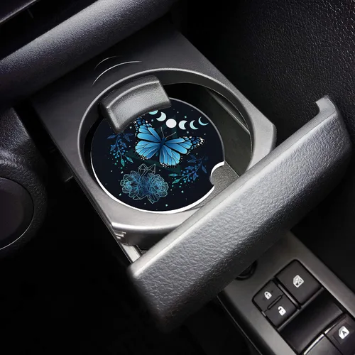 Vista 6 de Posavasos para Taza de Automóvil Mariposa Signo Místico Abstracto Azul Posavasos de Automóvil para Portavasos Universal Antideslizante Cerámica