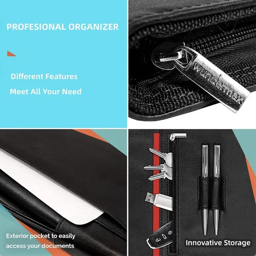 Vista 3 de Wundermax Cartera de piel sintética vegana con cremallera, organizador de cuaderno de negocios para currículum - Padfolio para hombres y mujeres