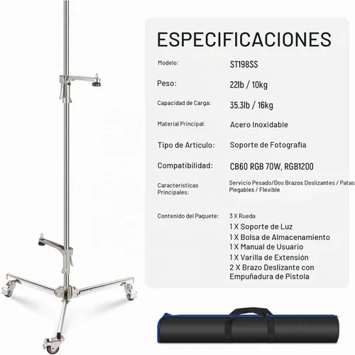 Vista 8 de NEEWER Soporte para luz de acero inoxidable de 198 cm/6.5 pies, soporte de trípode resistente con ruedas con rodamientos, 2 brazos deslizantes