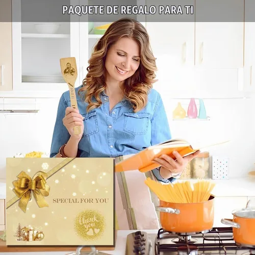 Vista 6 de Mercancía de película de terror Decoración Regalos de Navidad Cucharas de madera para cocinar, juego de decoraciones de cocina de bambú natural