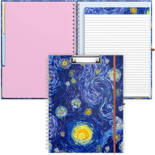 Vista 12 de Rimilak Spiral Clipboard Folio with Refillable Lined Notepad, 14.5 x 9.8 In, Hardcover Cover with 5 Interior Pockets, Elastic Band and Pen Loop