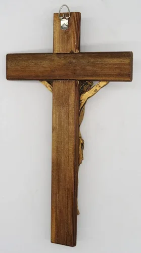 Vista 2 de Christian Decor - Crucifijo de pared de 12 pulgadas, Jesucristo en cruz de madera carbonizada, acabado dorado antiguo, Jesús en cruz INRI
