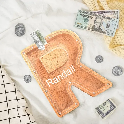 Vista 2 de Alcancías con nombre personalizado para niños, alcancía con letra personalizada, banco de dinero del alfabeto de madera, regalos para niños y niñas