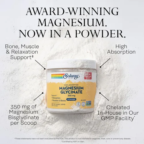 Vista 3 de SOLARAY Polvo de glicinato de magnesio de 350 mg – Suplemento de glicinato de magnesio de alta absorción – apoyo para huesos, músculos y relajación