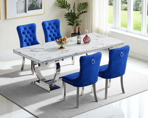 Vista 10 de Juego de mesa de comedor de mármol para 4, mesa de cocina rectangular de mármol blanco de 70 pulgadas con base en O de acero inoxidable dorado