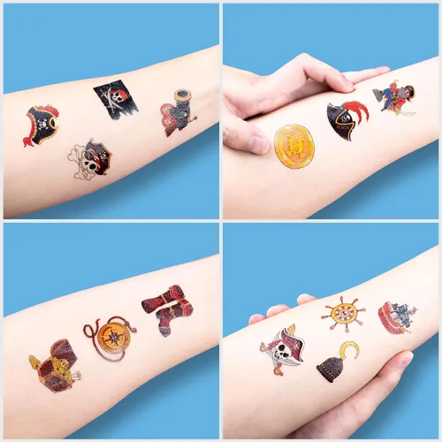 Vista 7 de 96 tatuajes temporales de barco pirata precortados para recuerdos de fiesta de niños Suministros de cumpleaños con temática náutica, decoraciones