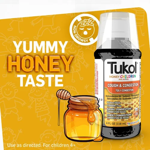Vista 5 de TUKOL Honey Medicina para la tos para niños, alivio de la congestión del pecho, 4 onzas líquidas Cough and Congestion Medicine for Cough, Cough