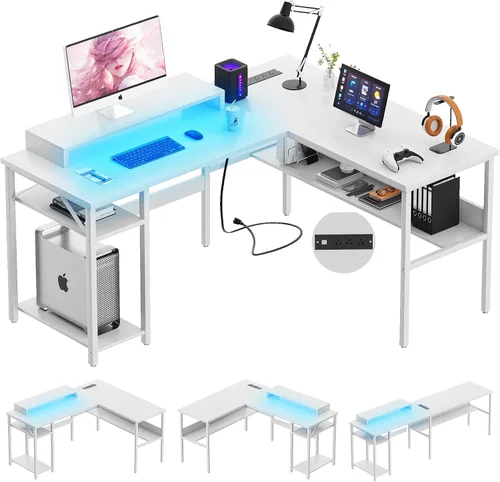Vista 9 de Unikito Escritorio reversible en forma de L con tomas de corriente mágicas y luz LED inteligente, escritorio de esquina para computadora robusto