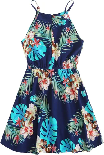 Vista 2 de Romwe Vestido de verano para niña con estampado floral bohemio sin mangas Blanco