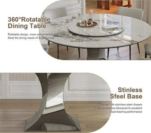 Vista 2 de Mesa de comedor redonda, mesa de comedor de piedra sinterizada blanca, base moderna de acero inoxidable sólido