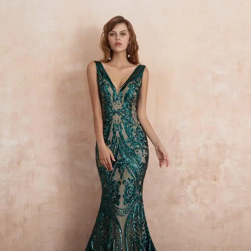 Vista 5 de Engerla Vestidos de noche con cuello en V de sirena, vestidos de baile de graduación, vestido de fiesta para mujer, vestidos de celebridades