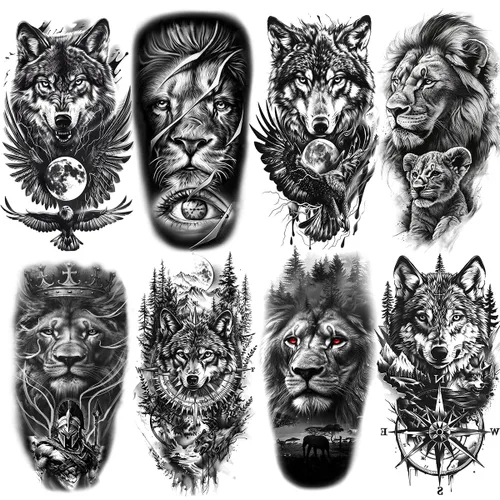 Vista 10 de 8 hojas de calcomanías temporales para tatuajes temporales de pierna de brazo de león del bosque, Jesús, cráneo, cráneo, rosa, corona de rosas