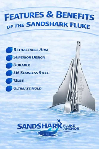 Vista 5 de SandShark - Ancla Fluke de alta calidad, eje retráctil, fácil almacenamiento, anclaje de aluminio para pontón, ancla de moto acuática. Barcos <30