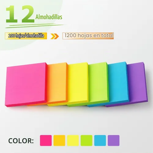Vista 4 de Notas adhesivas 3x3 pulgadas colores brillantes con almohadillas autoadhesivas moradas 100 hojas/almohadilla 12 almohadillas