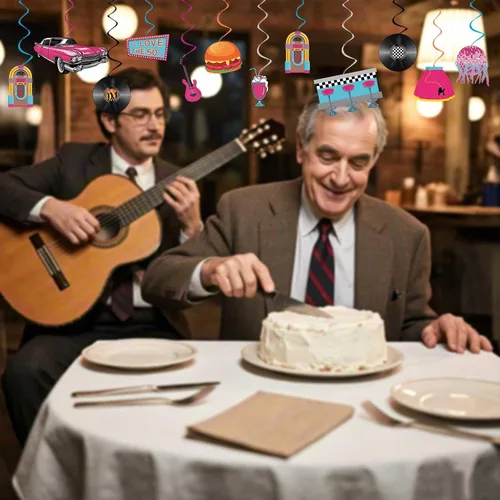 Vista 7 de Decoraciones para fiestas de los años 50, retro de los años 50, remolinos colgantes de música rock and roll, ensamblados y listos para usar