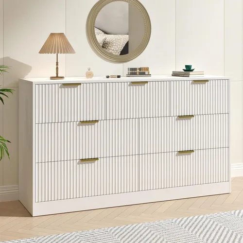 Vista 9 de Cómoda negra con 6 cajones profundos, cómoda acanalada de 55" de ancho para dormitorio con tirador dorado, cómoda moderna para armario, dormitorio