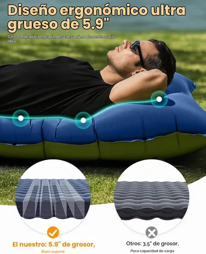Vista 3 de Colchoneta de dormir para campamento, de 5.9 pulgadas de grosor, con almohada integrada y bomba de pie, almohadilla de dormir autoinflable Azul