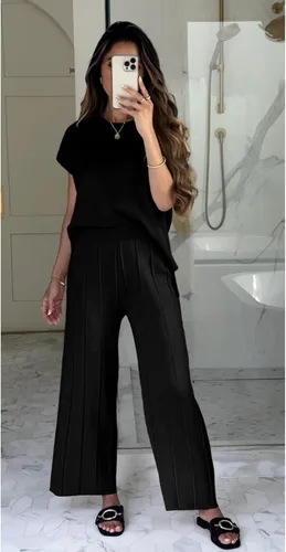 Vista 3 de Aedceal Conjunto de suéter de 2 piezas para mujer, conjunto de descanso de punto, chaleco y pantalones de cintura alta
